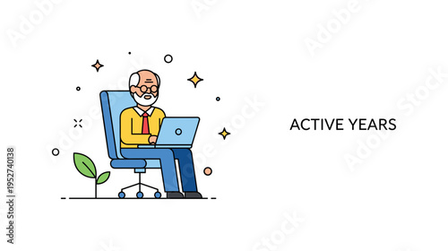 Healthy aging at work confident senior professional symbolized by a simple office chair and laptop paired with a small leaf accent growing beside them. The