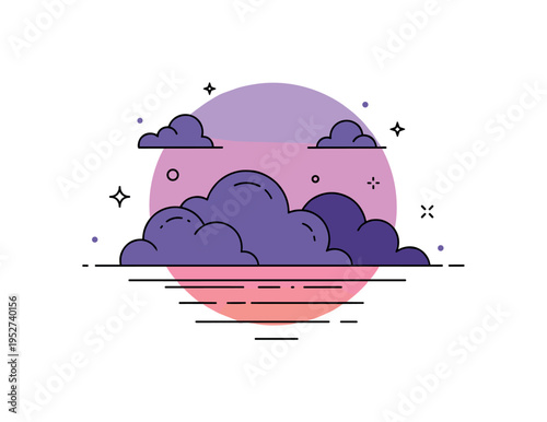 Evening cloud silhouettes against a subtle sunset gradient circle, expressing depth, reflection, and calm end of day sky. A poetic editorial idea of tranquil