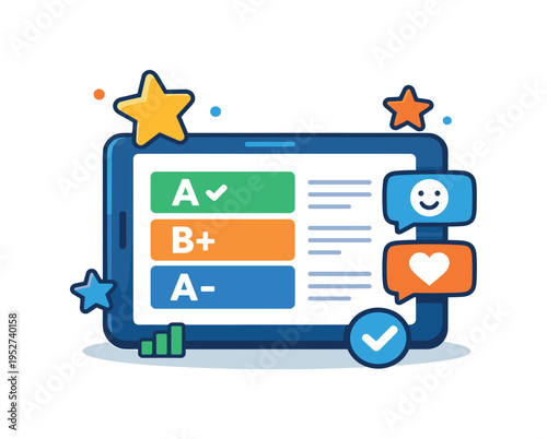 Student performance tracking represented by a tablet displaying grades and small star icons, symbolizing feedback, motivation, and recognition of achievement.