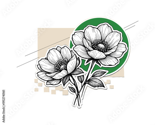 Black and white floral study featuring two overlapping line art blossoms with fine ink strokes, bold green circular frame highlighting one flower head, soft