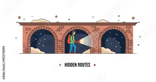 Underground tourism exploring hidden tunnels beneath an old city with a curious traveler holding a flashlight. Arched brick walls, subtle dust particles and a