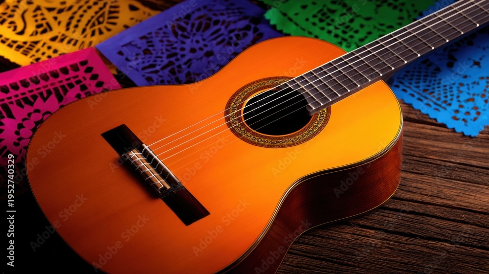Fototapeta premium A vibrant acoustic guitar rests on a textured wooden surface beside colorful papel picado decorations