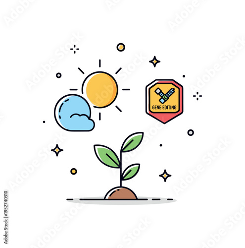Heat resistant crop development concept illustrated by a thriving plant under a bright sun icon with a small gene editing badge, conveying