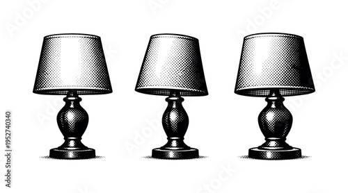 Table lamp ? bedside lamp with fabric shade. A realistic bedside table lamp with fabric shade shown as one identical object in three different views, focusing