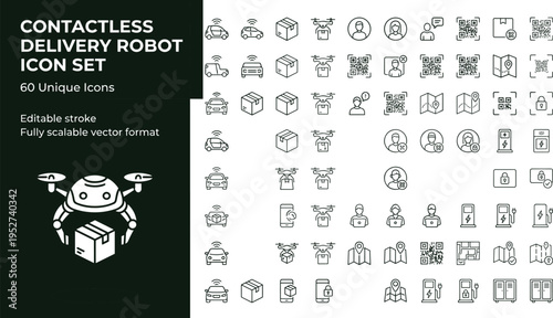 Contactless delivery robot line icon set with autonomous courier drones smart logistics and shipping technology symbols