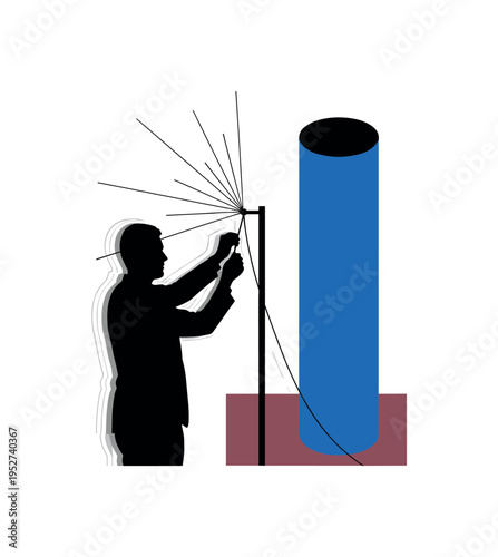 Black and white dramatic composition of operator adjusting antenna connection, bold cobalt geometric cylinder rising vertically behind figure, muted burgundy