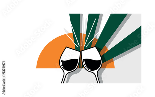 Black and white wine glasses clinking in the foreground, bright orange semicircle and dark green angular blocks radiating outward like celebratory energy, thin