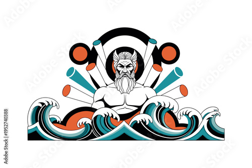 Black and white sea god emerging from stylized geometric waves, bold circular halos and cylindrical water forms reinforcing power, flat teal and burnt orange