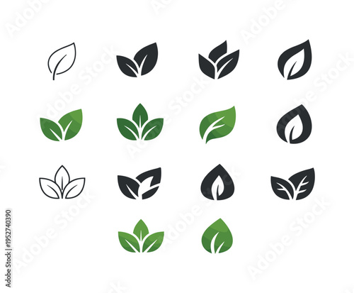 Flora. Icon set. Set Logo of flora: leaf. harmonious logo variations of the same emblematic concept, each with different artistic interpretation (Minimal