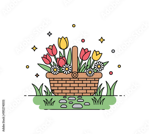 Floral gathering in blooming garden centered on a basket overflowing with tulips and daisies, with tiny path stones and grass hints suggesting a quiet walk.