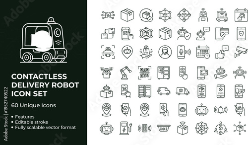Contactless delivery robot line icon set with autonomous logistics courier bots and smart shipping technology symbols