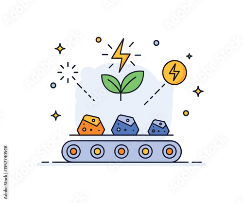 Sustainable mining technology concept centered on a conveyor belt with ore icons beneath a subtle green leaf and energy spark symbol, representing reduced