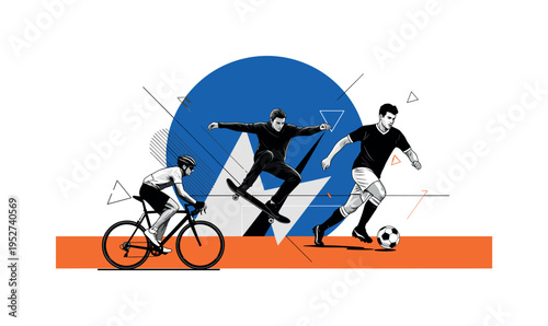 Black and white dynamic composition combining cyclist, skater, and soccer player in layered arrangement, oversized cobalt blue circle dominating the upper