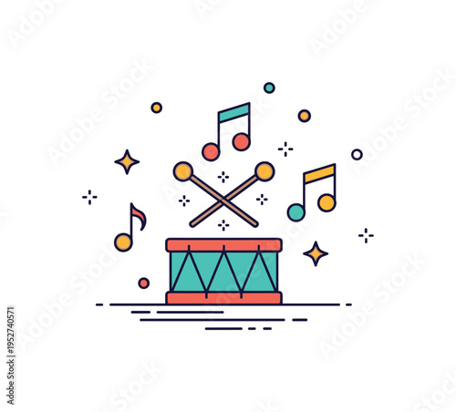 Clown parade music illustrated by a small marching drum with crossed sticks and playful note icons, symbolizing cheerful rhythm and entertainment. The badge