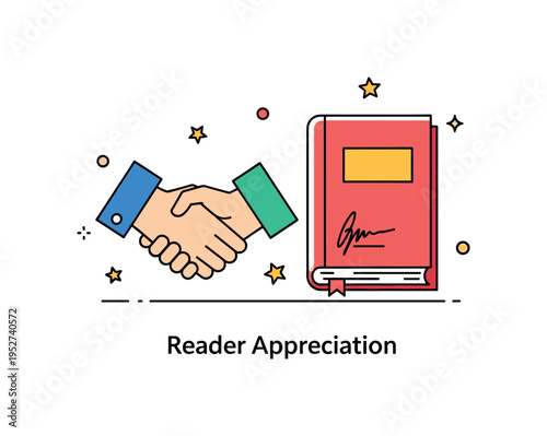 Book signing fan meet up scene shown as a simple handshake icon beside a signed book, representing appreciation and personal interaction. The short text Reader