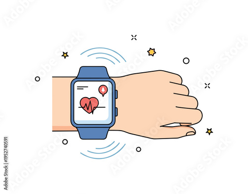 Wearables smart watch on a wrist displaying small heart rate graph and notification icon, subtle curved lines suggesting continuous tracking. A