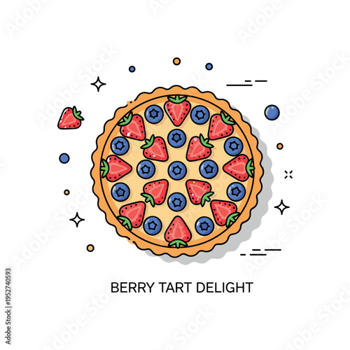Berry tart delight golden crust tart topped with strawberries and blueberries arranged in a neat circular pattern, expressing homemade charm and bright summer