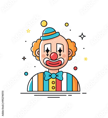 Cartoon style clown portrait with striped costume detail and a subtle bow tie expressing theatrical charm and expressive character design. The