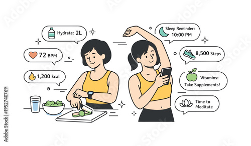 Health optimization overload daily routine. A person checking multiple devices like a smartwatch and phone while preparing food or stretching, expressing