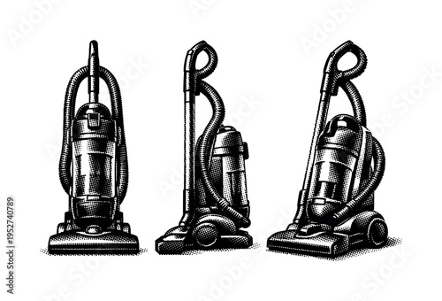 Vacuum cleaner, a realistic vacuum cleaner shown upright front view, side profile, and angled three-quarter view as three object representations with accurate