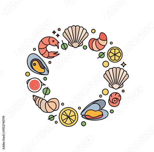 Seafood platter culinary art presentation concept with carefully arranged shellfish and garnish elements forming a harmonious circular design. The compact