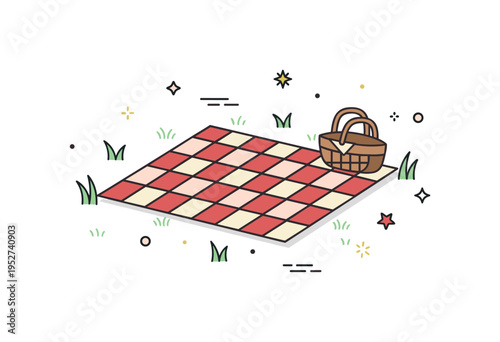 Picnic blanket scene checkered blanket spread on grass with a small basket accent, expressing outdoor leisure and warm sunny gatherings. Minimalist flat vector