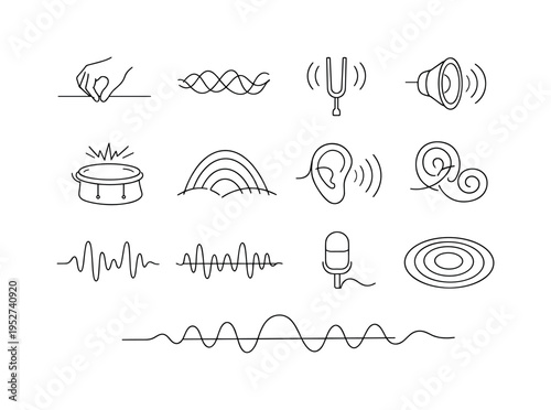 From Vibration to Hearing. Minimalistic set one-line drawing hand plucking string, wave traveling through air, tuning fork oscillating, speaker cone movement,