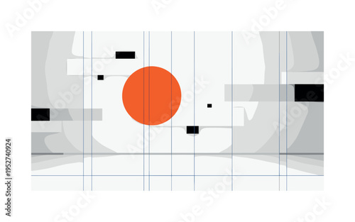 Black and white empty gallery wall with a single oversized orange semicircle painted off-center, thin blue vertical grid lines suggesting structure, abstract