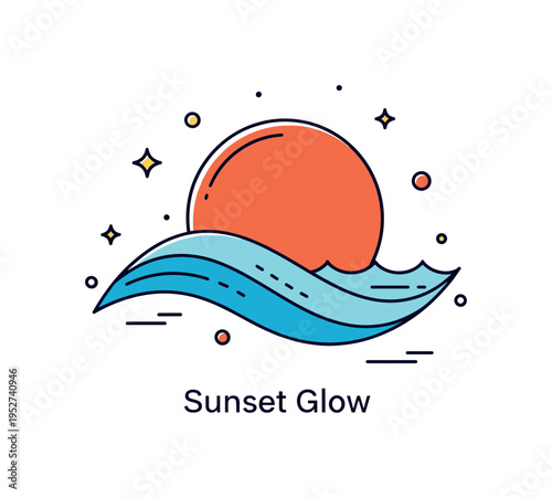 Sunset over ocean coastal serenity badge with a bold circular sun merging gently into a curved wave form, creating a harmonious and balanced visual metaphor of