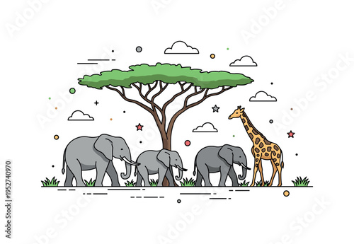 Savanna fauna with a group of elephants and a giraffe grazing under an acacia tree, emphasizing coexistence, vast landscapes, and wildlife diversity.
