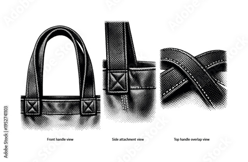 Tote bag handles detail A realistic tote bag emphasizing handle construction shown in three views: front handle view, side attachment view, and top handle