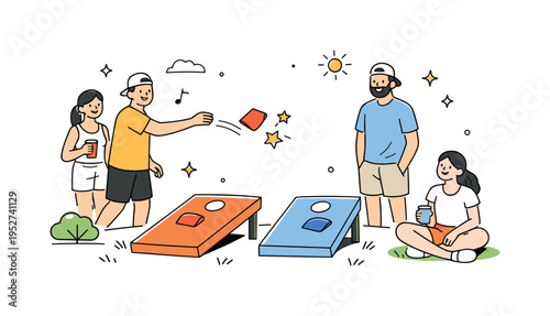 Weekend Lawn Games Party. Small group enjoying casual lawn games with cornhole boards, bean bags mid-air with soft motion lines and cheerful stars around.