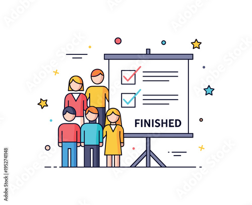 Team project finished concept featuring simplified figures standing beside a completed task board with a final checkmark, symbolizing collaboration and shared