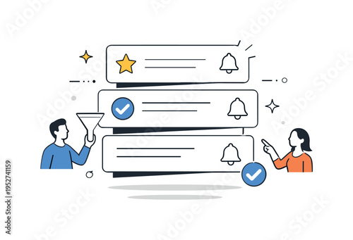 Notification priority control. Stacked notification cards with small star and check icons indicating importance levels. The scene suggests clarity, filtering,
