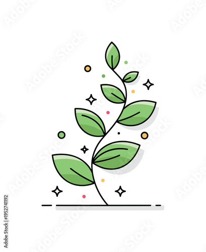 Leafy vines illustrated as a graceful curling vine with layered green leaves climbing upward, expressing natural growth and organic elegance. The composition