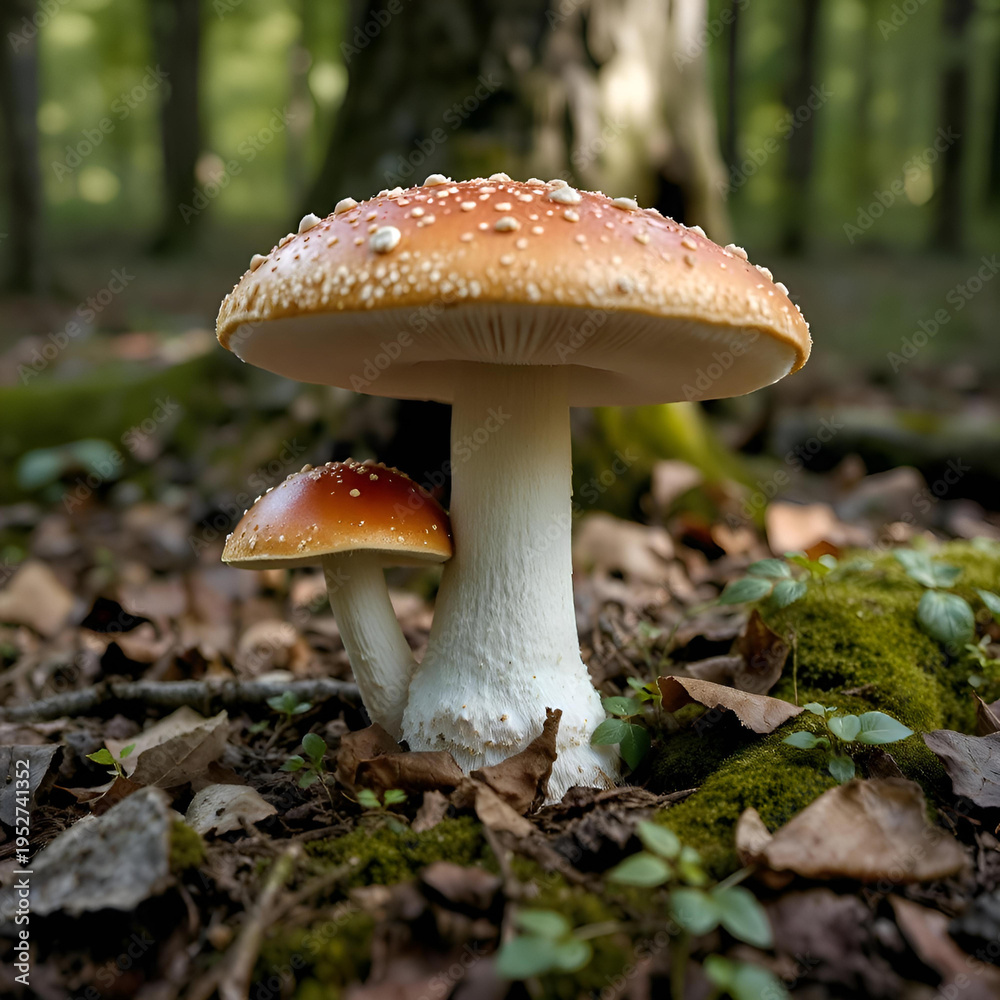 Fototapeta premium Two mushrooms growing on forest floor with lush green background 