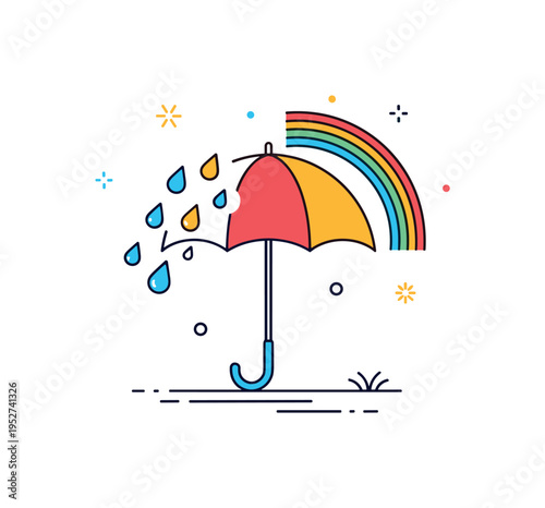 Rain after storm umbrella closing as small raindrops fade and a rainbow arc appears behind. The symbolic scene expresses emotional release and hope after