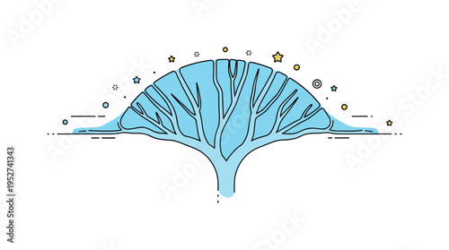 Aerial view river delta pattern centered on a fan shaped network of waterways spreading symmetrically into open water, emphasizing structure and natural