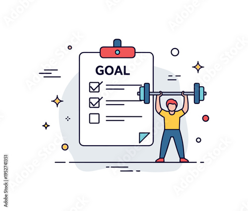 Personal fitness goal achievement shown as a character lifting a small barbell beside a checklist labeled Goal, expressing commitment and measurable progress.