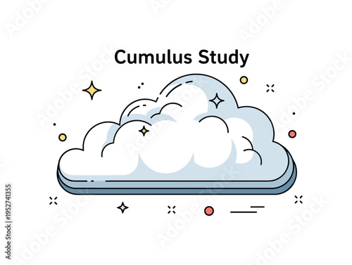 Cumulus cloud study theme featuring a single large sculpted cloud form with subtle shadow layering and small sparkle accents, symbolizing texture and