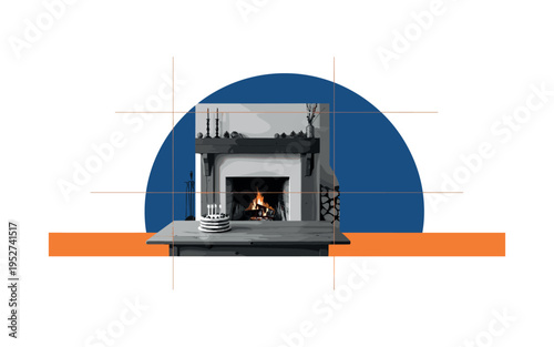 Black and white rustic fireplace scene with birthday cake on a wooden table, oversized deep blue semicircle framing the fireplace glow, orange horizontal