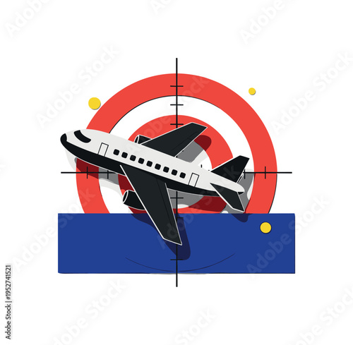 Black and white toy airplane inside circular frame resembling target, bright red circle intersected by thin crosshair lines, deep blue rectangular block