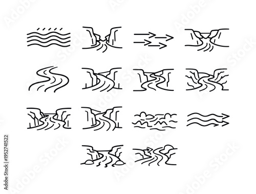 River Flow Through Canyon. Line icon set of River Flow Through Canyon: flowing river current, river narrowing point, water direction arrows, river channel cut,