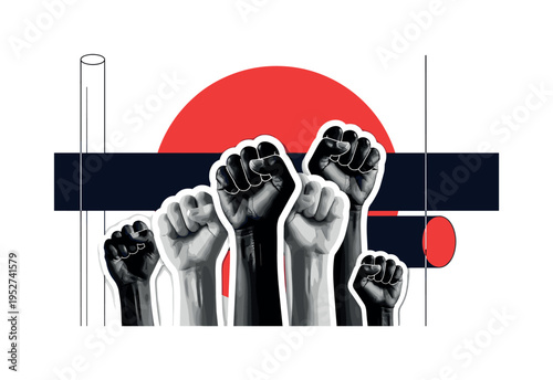 Monochrome group of raised fists overlapping in composition, high-contrast black and white cut-out with sticker-like white contour around each hand, oversized