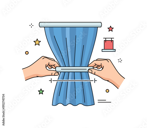 Curtain tie installation concept shown as hands gently wrapping a fabric band around a draped curtain, representing simple home improvement and finishing