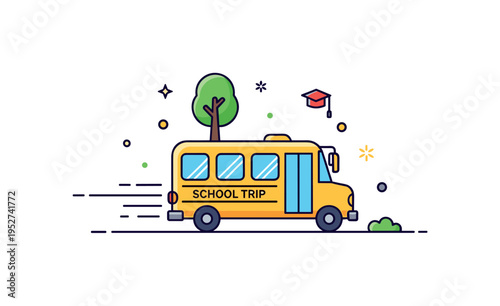 Field trip school bus adventure depicted by a bus with subtle motion lines and a small tree accent nearby, symbolizing educational outings and shared