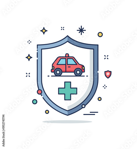 Road accident prevention and response badge shown as a shield containing a small car and medical cross, symbolizing protection, preparedness and public safety.