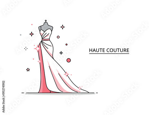 Couture dress haute fashion elegance showcased on a minimalist mannequin with a flowing sculptural gown, subtle sparkles accenting the silhouette to express
