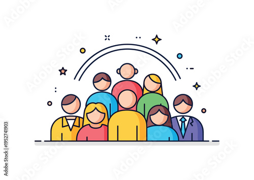 Inclusive community diversity several simplified figures of varied shapes and colors standing close together under a shared arch line, symbolizing unity. A