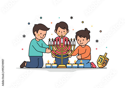 Hanukkah family moment children lighting a menorah together with small glowing candles and a simple dreidel nearby, symbolizing tradition and faith. A calm and